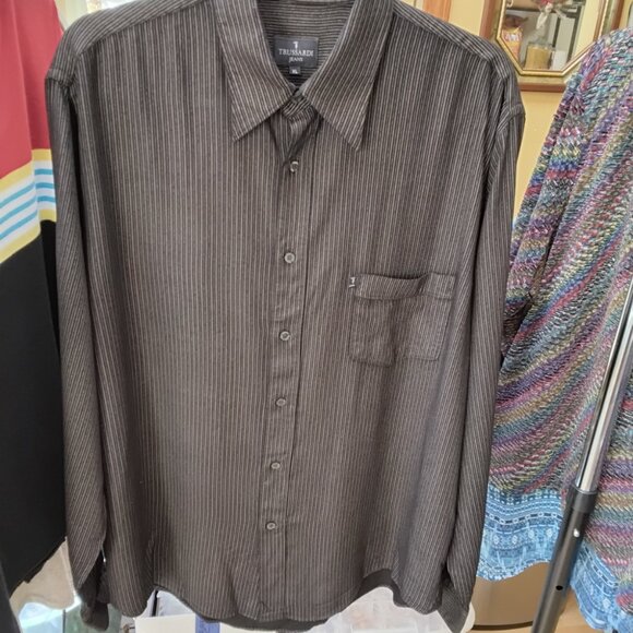 Trussardi XL Black Gray Brown Men's Long Sleeve Button Down Dress Shirt - Picture 2 of 7